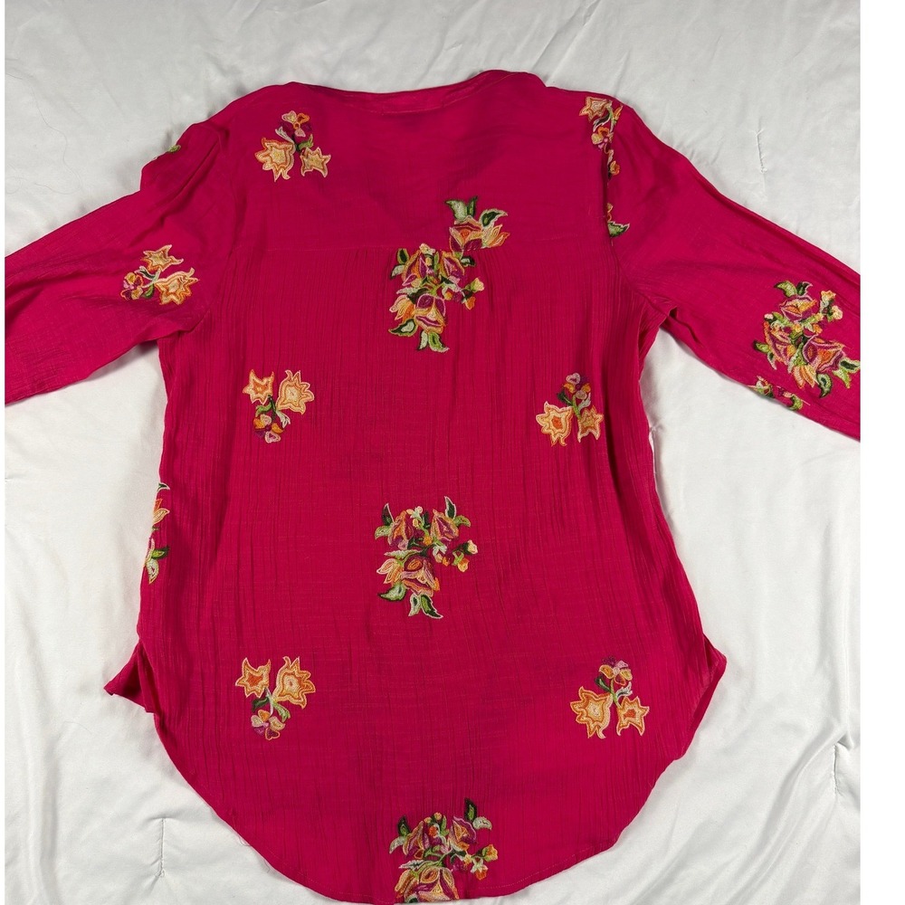 Figueroa & Flower Magenta Floral Embroidered Crinkle Gauze Button Down Shirt XL - Picture 7 of 7